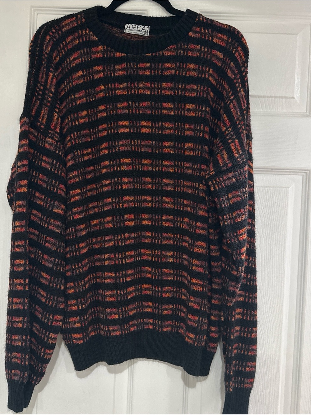 AREA Black and Orange Plaid-Inspired Crewneck Sweater